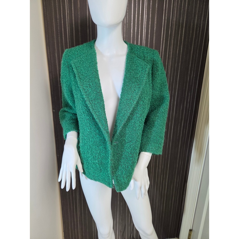 Cabi Green Wool Blend Boucle Jacket Size 8 Style 532 3/4 Sleeve Open Front